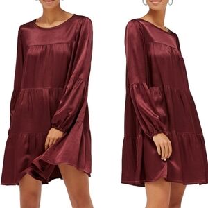 Lacausa Iris Tiered Mini Dress Burgandy Long Sleeve Size XS